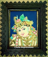 Krishna Face Portrait Tanjore Painting in Traditional Tanjore Style - Chettinad Teak wood Frame Krishna Face Portrait Tanjore Painting in Traditional Tanjore Style - Chettinad Teak wood Frame